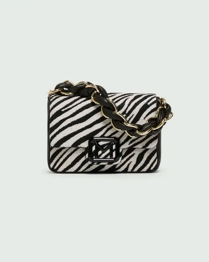 Borsa a mano Le Muse piccola Marella in jacquard zebrato con chiusura a patta e placca logata