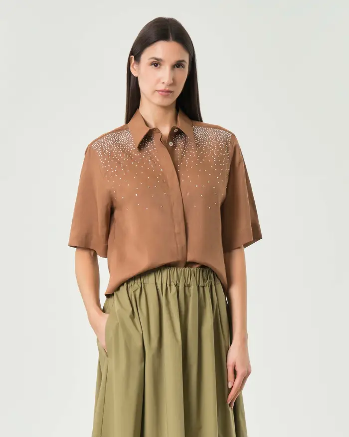 Camicia a maniche corte color cuoio Marella Sport in puro lino con decorazione di strass sul petto