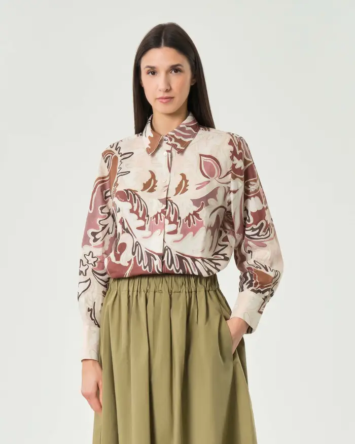 Camicia beige Marella Sport in puro lino con stampa floreale cuoio e carrè posteriore