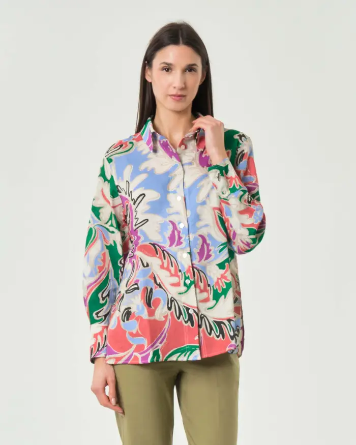 Camicia beige Marella Sport in puro lino con stampa floreale multicolor e carrè posteriore