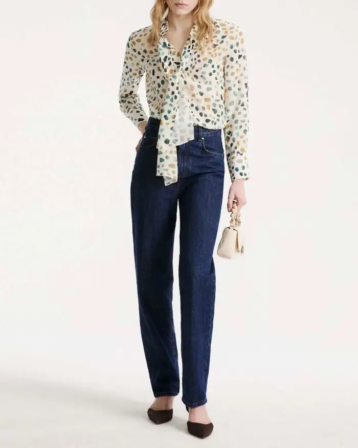 Marella Camicia color panna in pura seta con fusciacca con stampa macchie color ottanio e senape