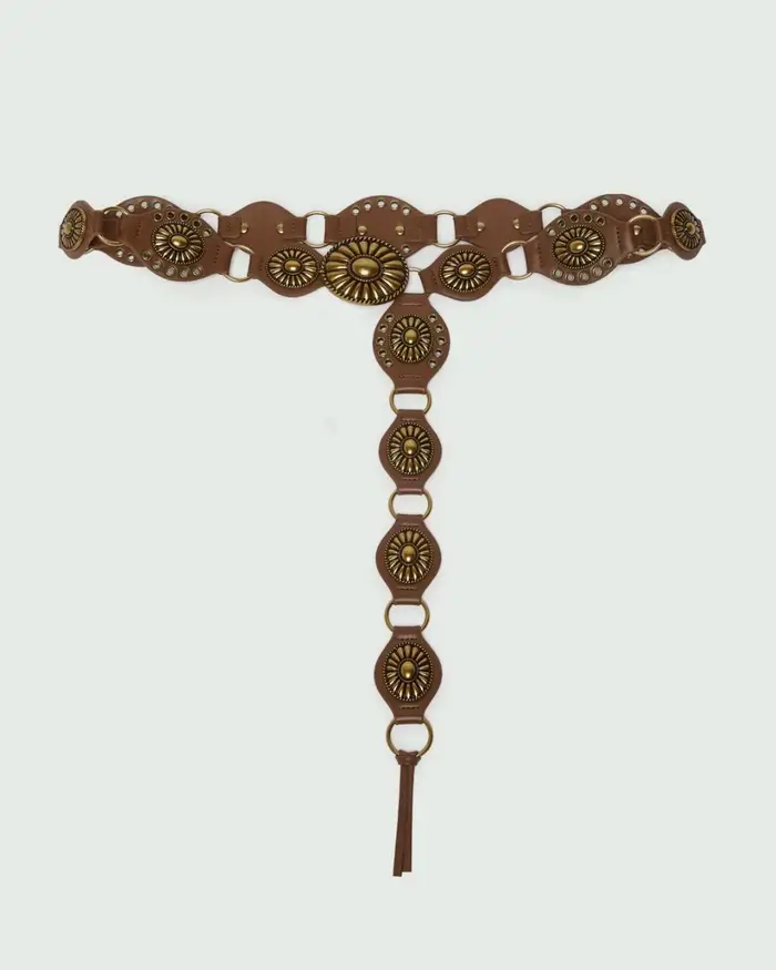 Cintura folk Marella color cuoio con applicazioni in galvanica oro