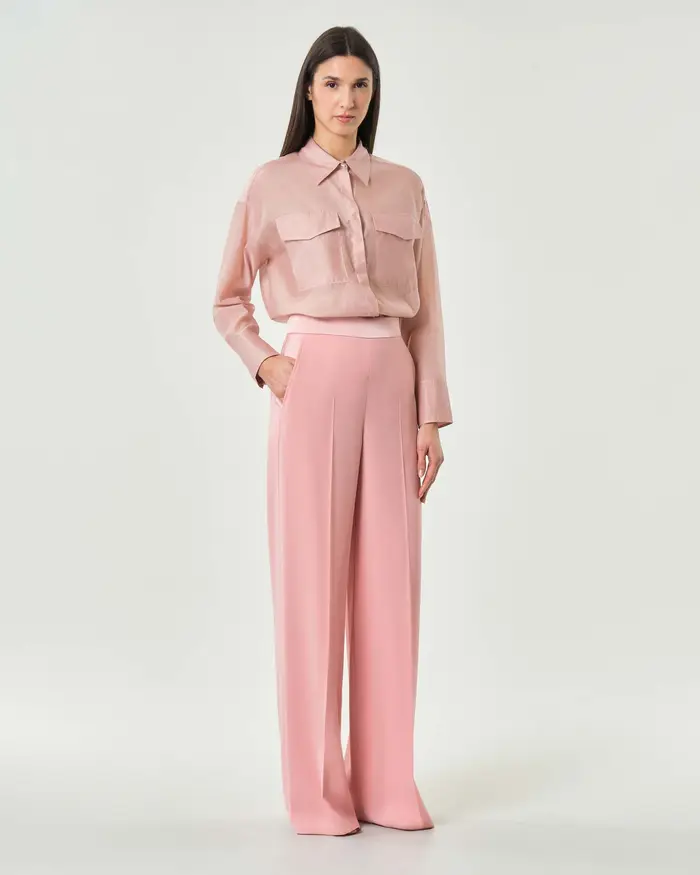 Marella Pantaloni a palazzo rosa in crepe con piega fronte e retro e chiusura a zip