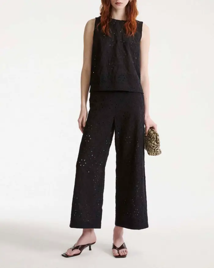 Marella Pantaloni culotte nero in mussola di cotone con ricamo sangallo