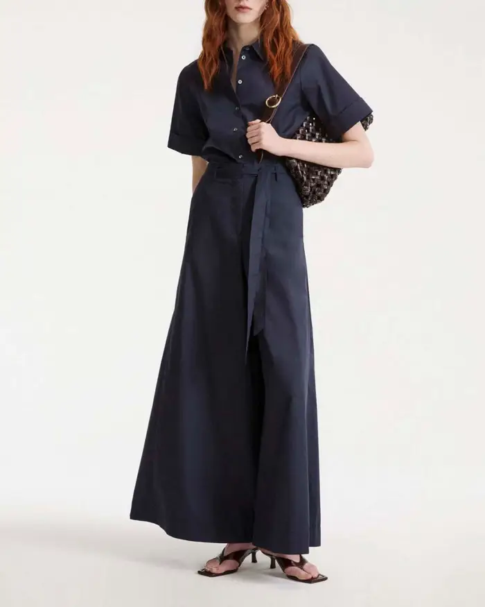 Marella Pantaloni super wide blu in popeline di cotone con passanti e fiocco in vita