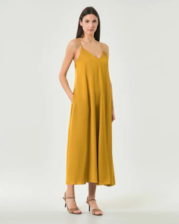Marella Slip dress lungo ocra in gabardina di viscosa con spalline sottili e scollo a V