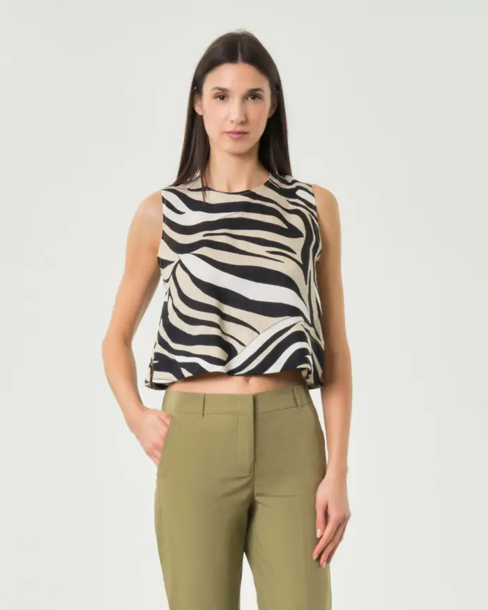 Top girocollo Marella Sport in puro lino a fantasia zebrata con chiusura fiocco sul retro