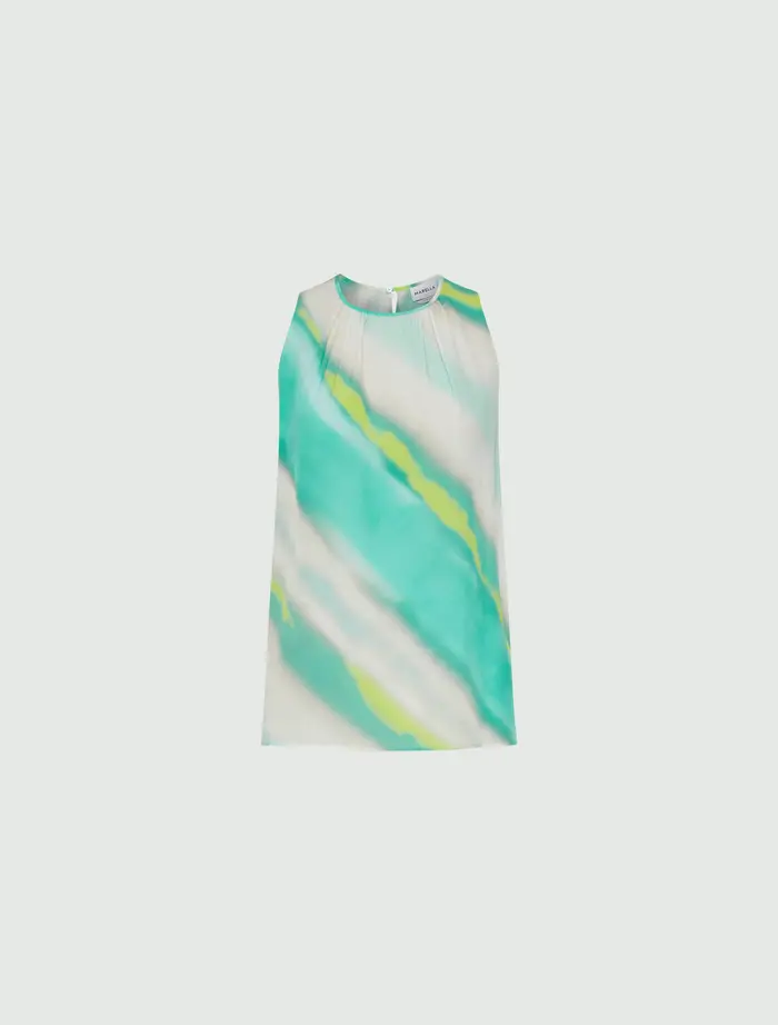 Marella Top senza maniche bianco in seta a sfumature smeraldo e lime