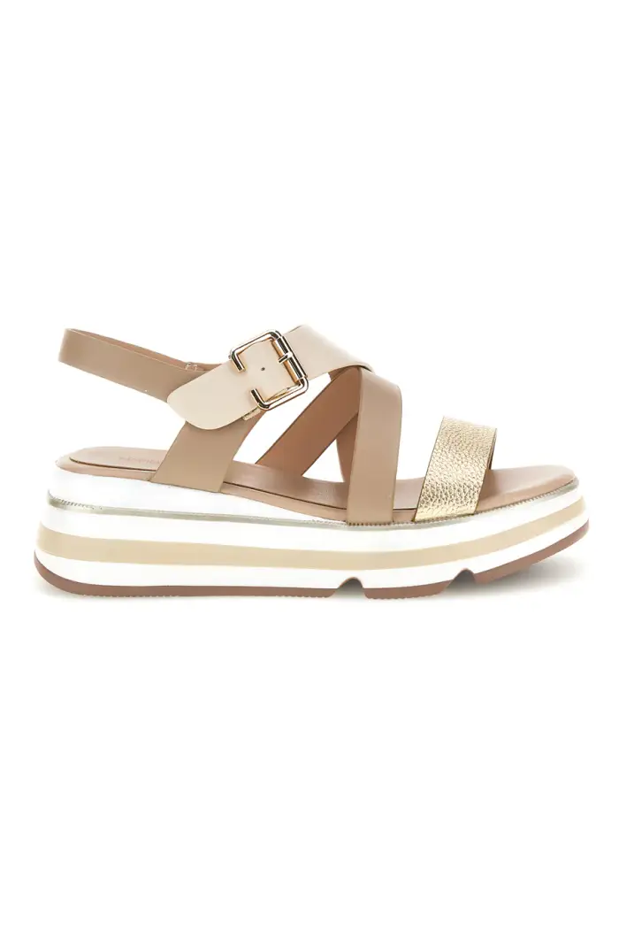 Sandalo oro e nocciola con zeppa e cinturino frontale Mariella Burani 52191C1581 [ORO]