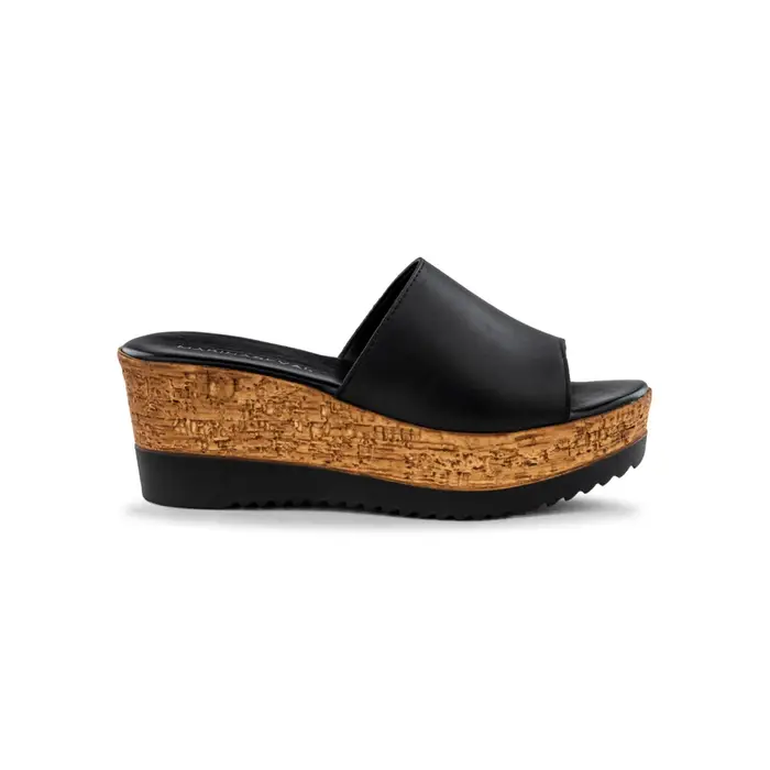 MARINASEVAL Sandali a fascia da donna neri in pelle con zeppa 7 cm effetto sughero