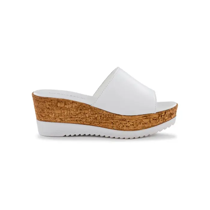 MARINASEVAL Sandali bianchi da donna in pelle con zeppa effetto sughero 7 cm