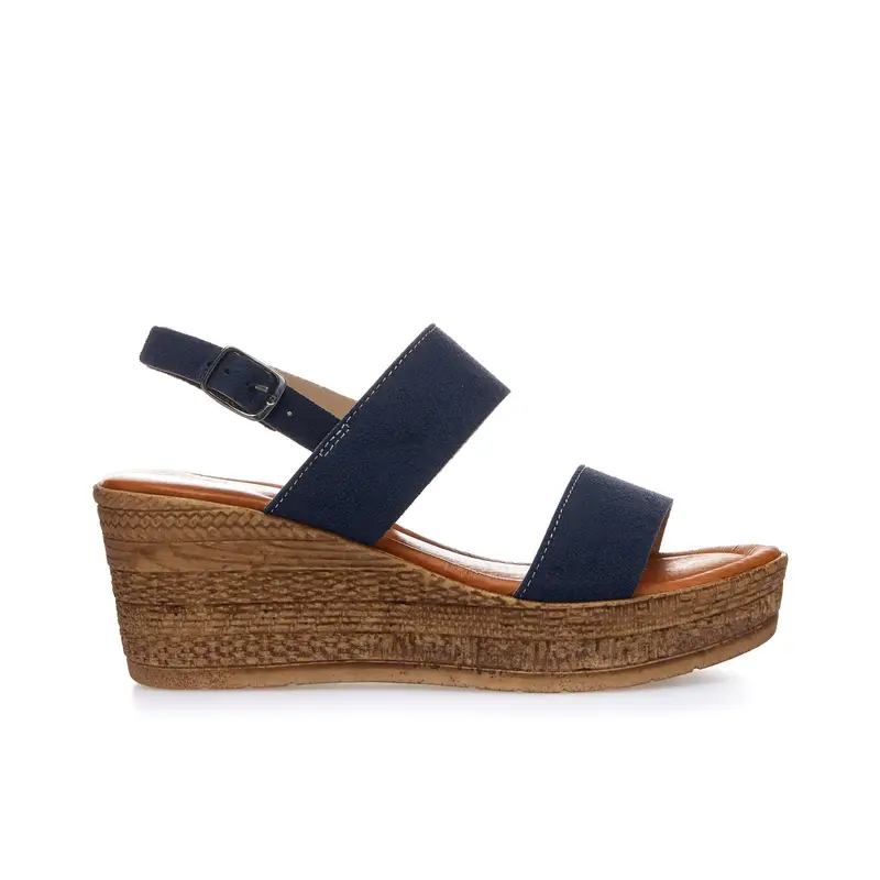 Sandali blu in pelle con doppia fascia e zeppa