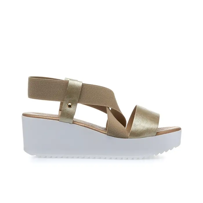 MARINASEVAL Sandali con zeppa beige e oro e dettaglio laminato