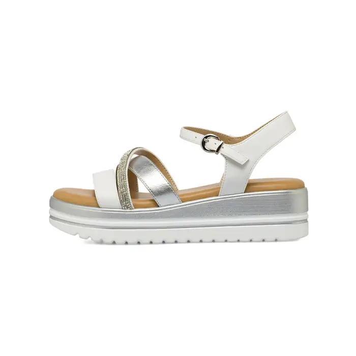 MARINASEVAL Sandali con zeppa bicolore bianco e argento da donna con strass