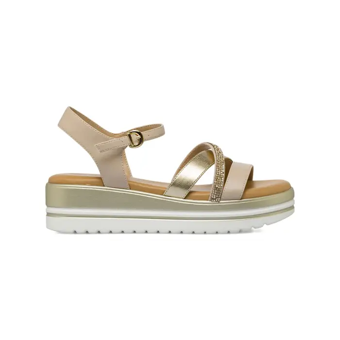 MARINASEVAL Sandali con zeppa da donna beige e oro con strass e tacco 5 cm