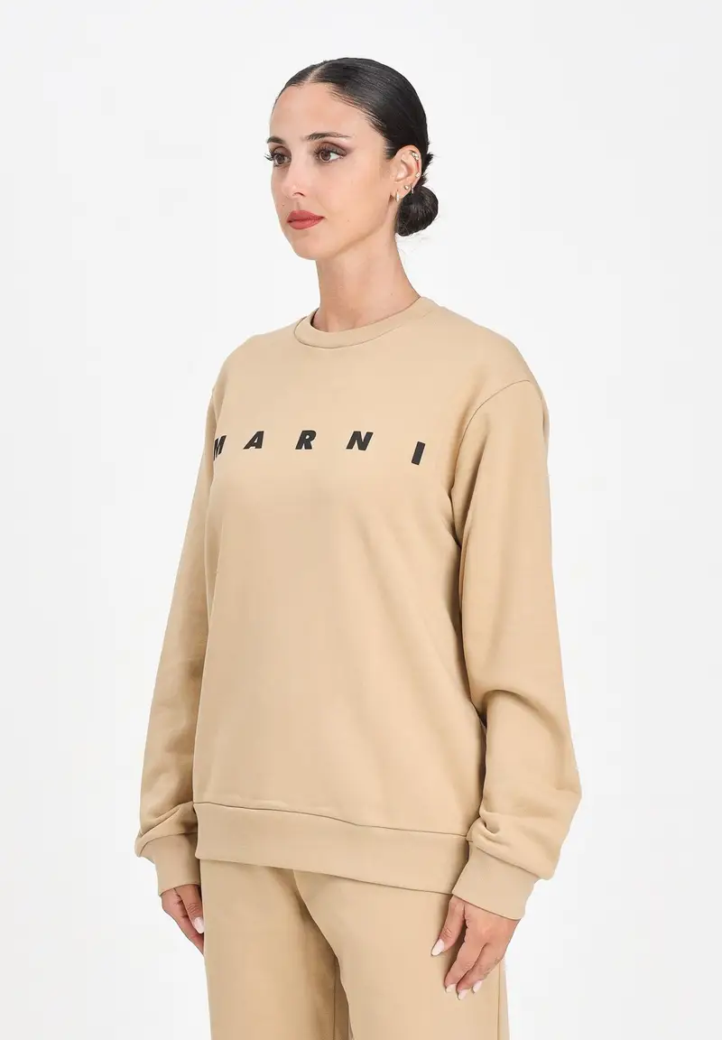 MARNI Felpa girocollo beige per donna, ragazzi e bambini con logo istituzionale