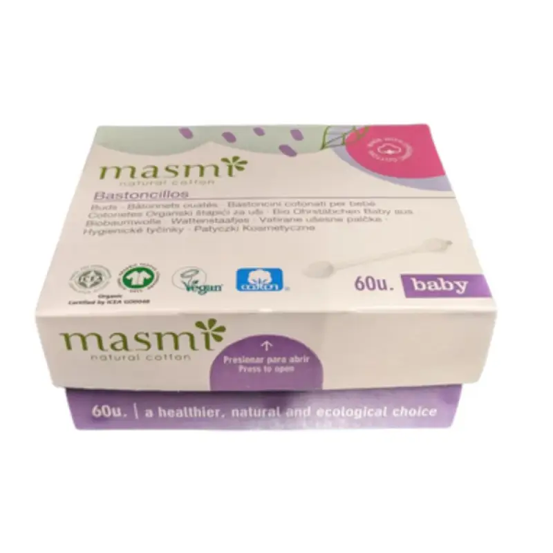 Masmi Bastoncini di Cotone Bio per Bambini, 60 pezzi