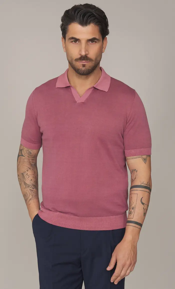 MASQ Polo skipper manica corta in puro cotone lavato, colore rosa