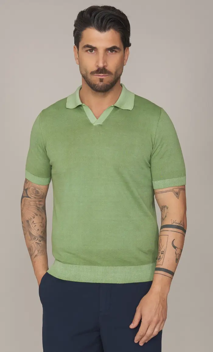 MASQ Polo skipper manica corta in puro cotone lavato, colore verde