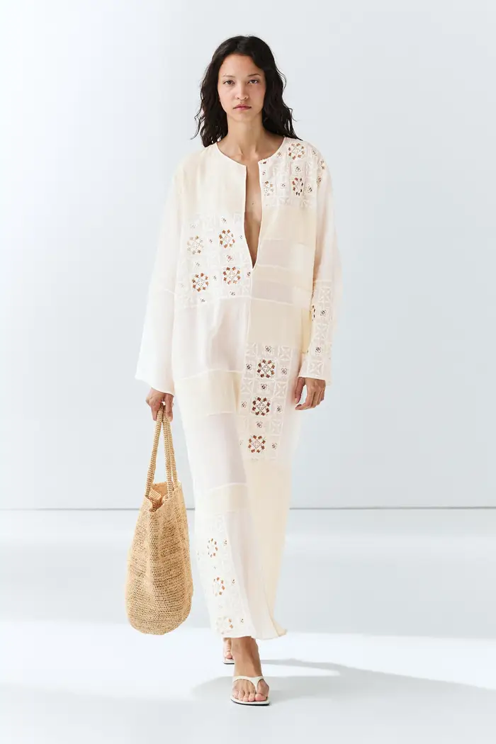Massimo Dutti Abito Caftano Fluido Con Ricami - Bianco - - - Femminile