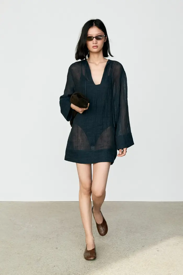 Massimo Dutti Abito Corto Fluido In 100% Lino - Azzurro - - - Femminile