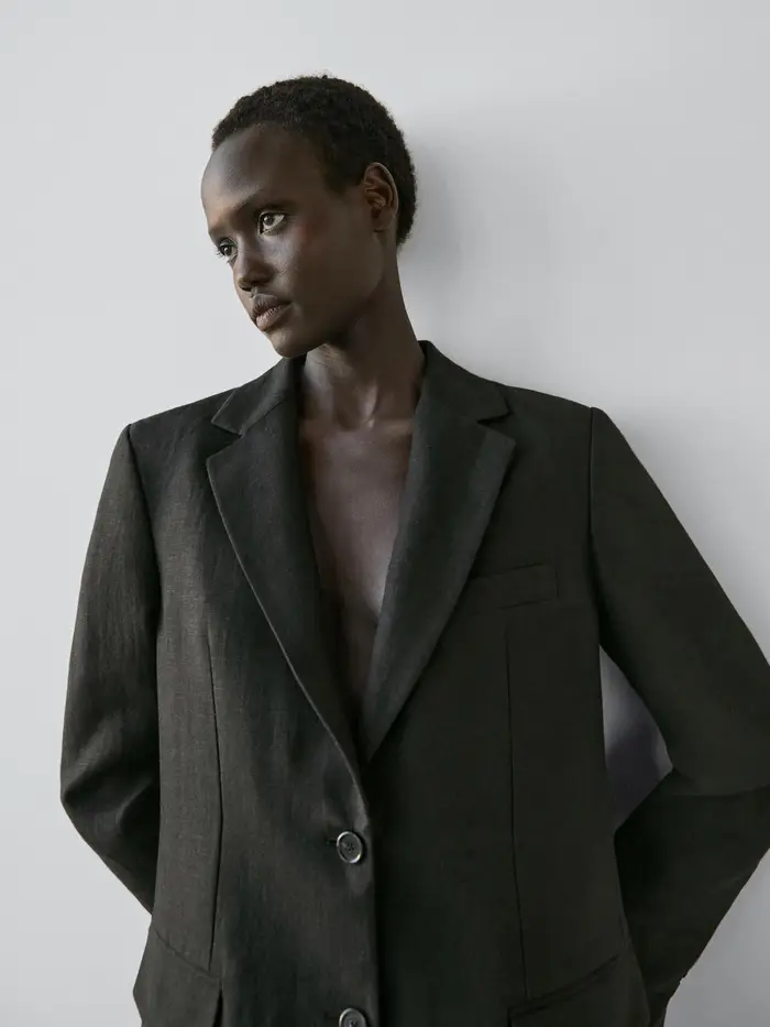 Massimo Dutti Blazer 100% Lino Con Tasche - Nero - - - Femminile