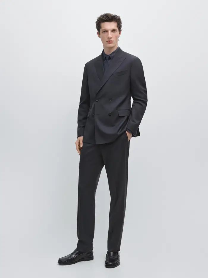 Massimo Dutti Blazer Doppiopetto 100% Lana Fredda - Blu Marino - - - Maschile
