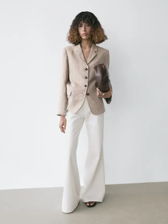 Massimo Dutti Blazer Mélange 100% Lino - Beige - - - Femminile