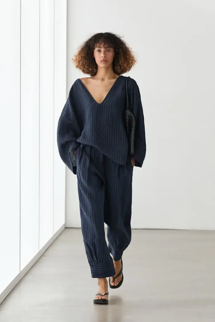 Massimo Dutti Camicetta A Righe Con Dettaglio Sulla Schiena In Lino - Azzurro Oscuro - - - Femminile