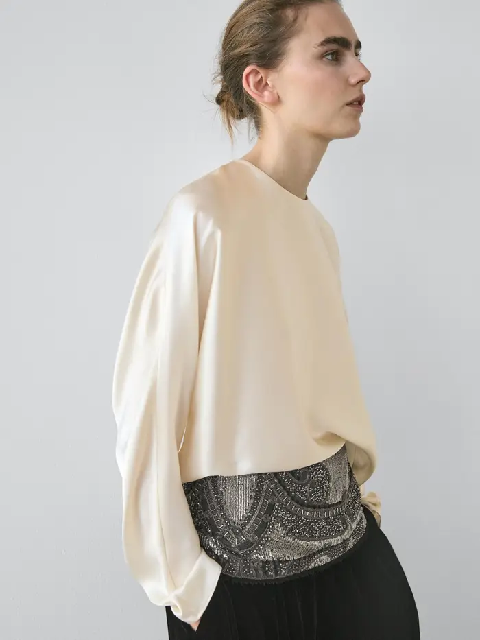 Massimo Dutti Camicetta Corta Con Maniche A Pipistrello 100% Seta - Studio - Ecru - - - Femminile