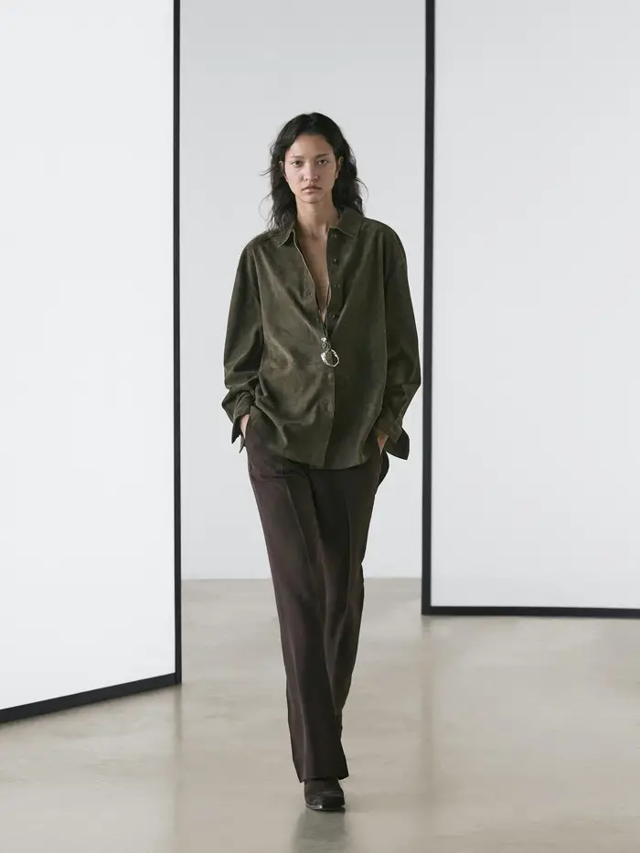 Camicia Con Cuciture In Pelle Scamosciata - Verde - - Massimo Dutti - Femminile