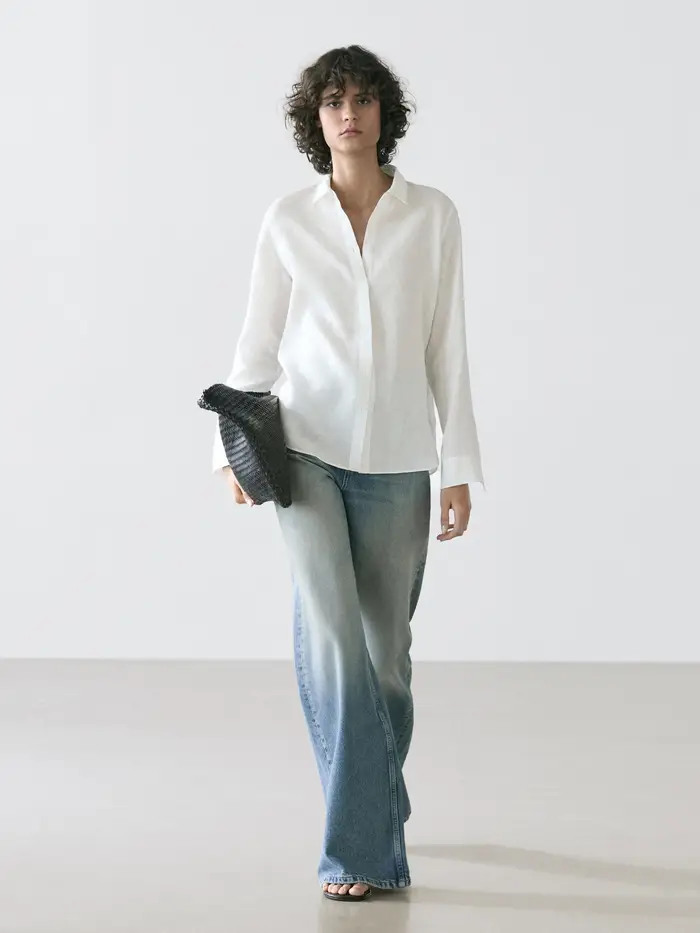 Massimo Dutti Camicia Morbida 100% Lino - Bianco - - - Femminile