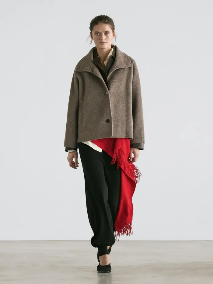Massimo Dutti Cappotto Medio Con Collo Alto In Misto Lana - Marrone - - - Femminile