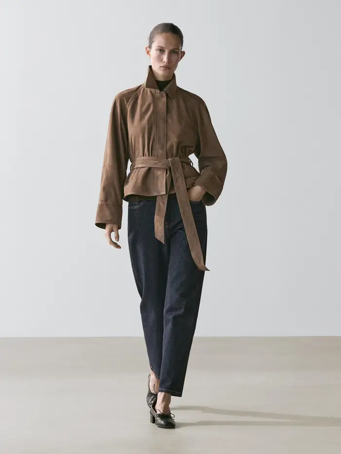 Giacca Con Cintura In Pelle Scamosciata - Marrone Topo - - Massimo Dutti - Femminile
