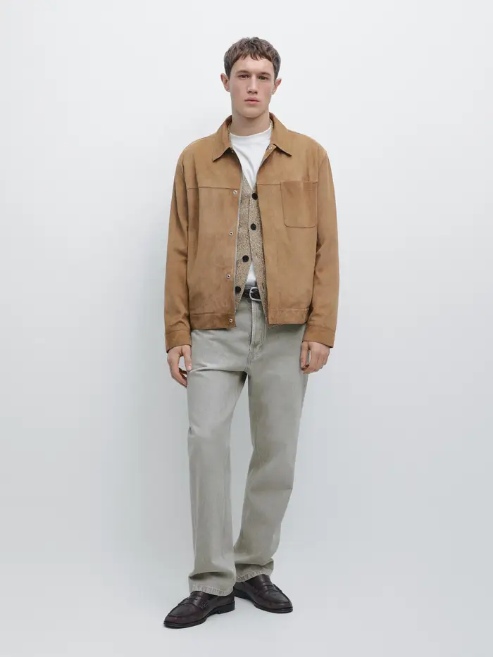 Giacca Dettaglio Tasca In Pelle Scamosciata - Visone - - Massimo Dutti - Maschile