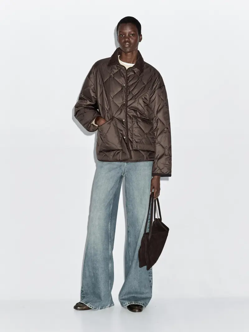 Massimo Dutti Giacca Imbottita Con Dettagli In Velluto A Costine - Bordeaux - - - Femminile