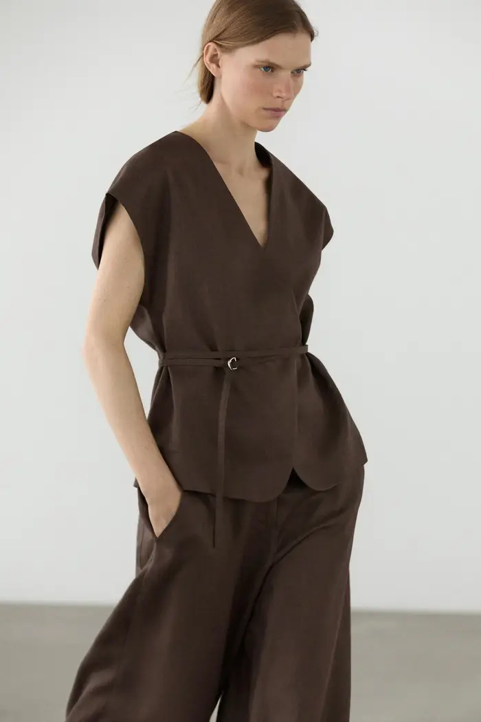 Massimo Dutti Gilet Con Scollo Incrociato In Misto Lino - Marrone - - - Femminile