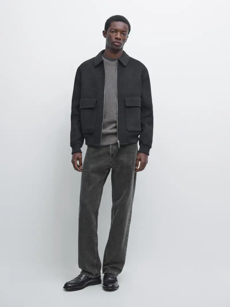 Massimo Dutti Giubbotto Con Tasche Misto Lana - Grigio Antracite - - - Maschile