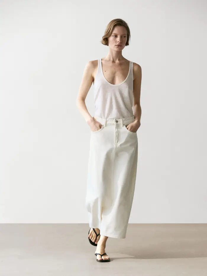 Gonna Midi In Denim Barrel Fit - Ecru - (It 42) - Massimo Dutti - Femminile