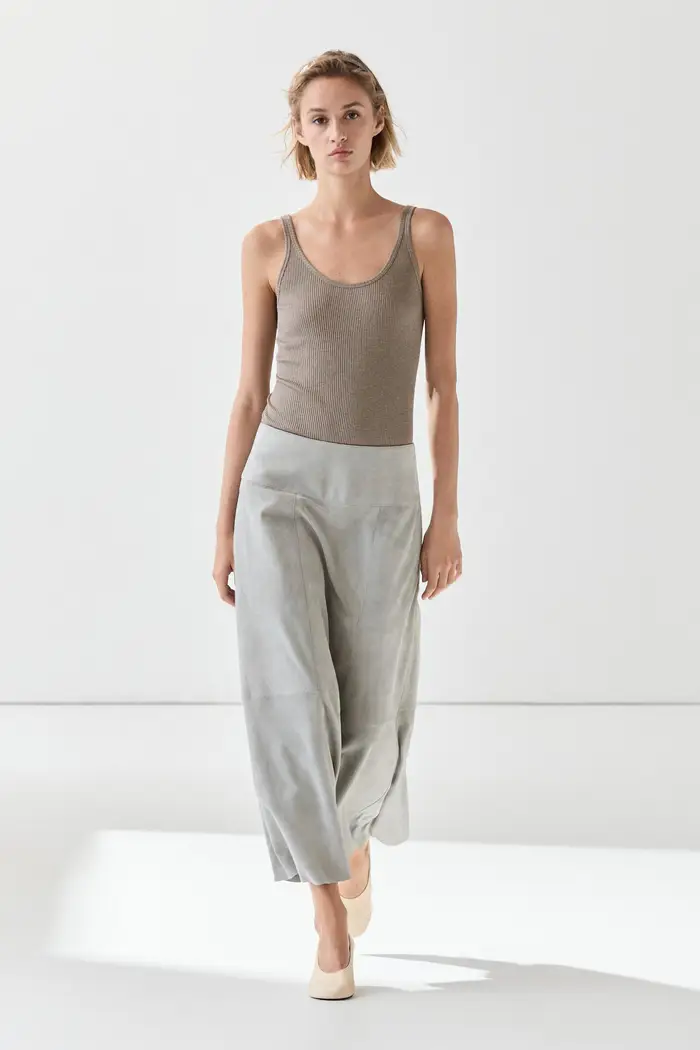 Massimo Dutti Gonna Midi Svasata In Pelle Scamosciata Con Fascia - Grigio Azzurrato - - - Femminile