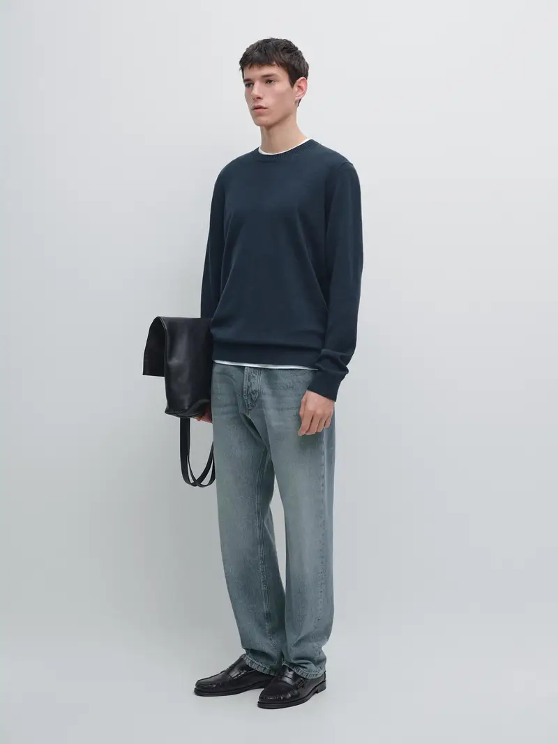 Massimo Dutti Maglia Con Collo Rotondo In Cotone E Lana - Blu - - - Maschile