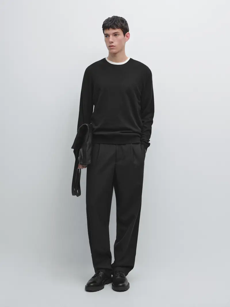 Massimo Dutti Maglia Con Collo Rotondo In Cotone E Lana - Nero - - - Maschile