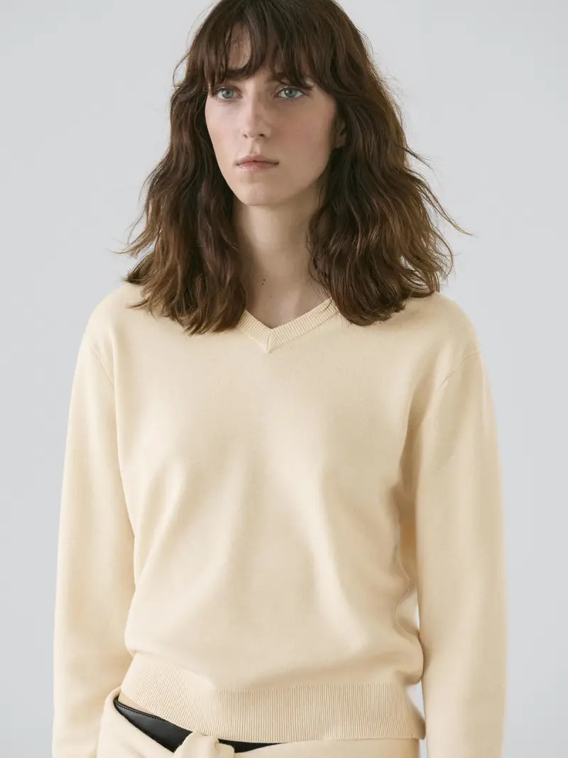Massimo Dutti Maglia Con Scollo A V - Vaniglia - - - Femminile