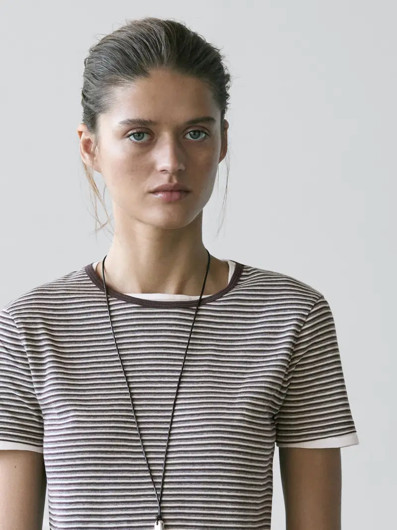 Massimo Dutti Maglietta A Maniche Corte A Righe Doppie - Marrone - - - Femminile