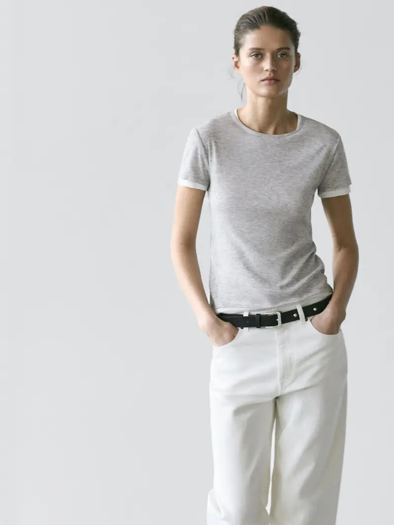 Massimo Dutti Maglietta A Maniche Corte Con Finitura Doppia - Grigio - - - Femminile