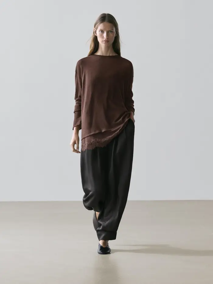 Massimo Dutti Maglietta A Maniche Lunghe Con Dettaglio In Pizzo - Marrone - - - Femminile