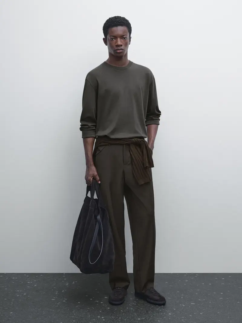 Massimo Dutti Maglietta A Maniche Lunghe In Cotone Medium Weight - Kaki - - - Maschile