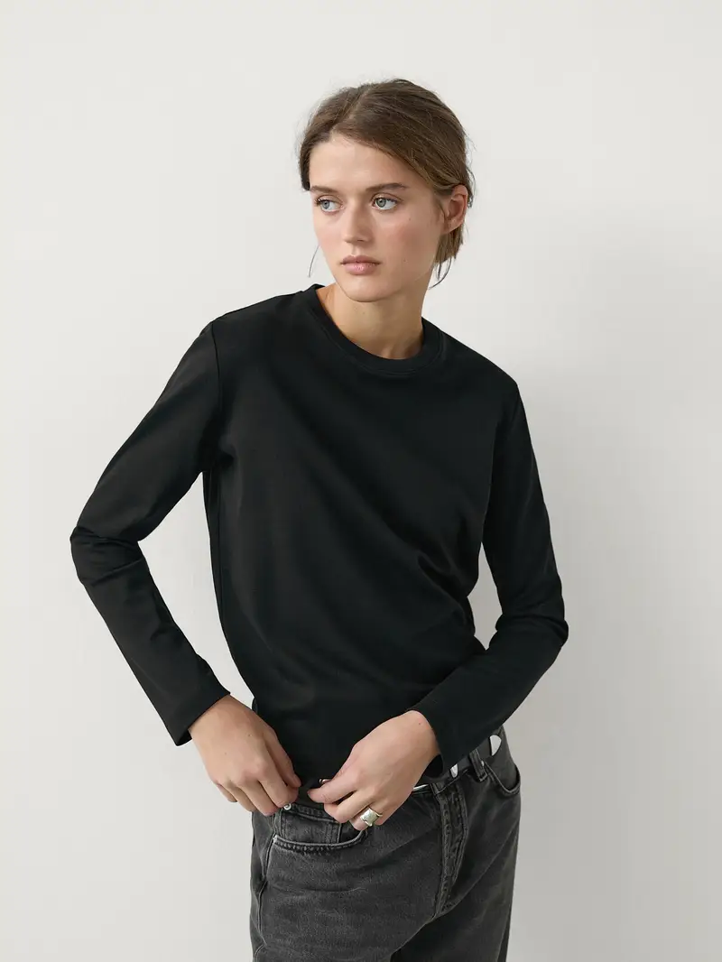 Massimo Dutti Maglietta A Maniche Lunghe Interlock 100% Cotone - Nero - - - Femminile