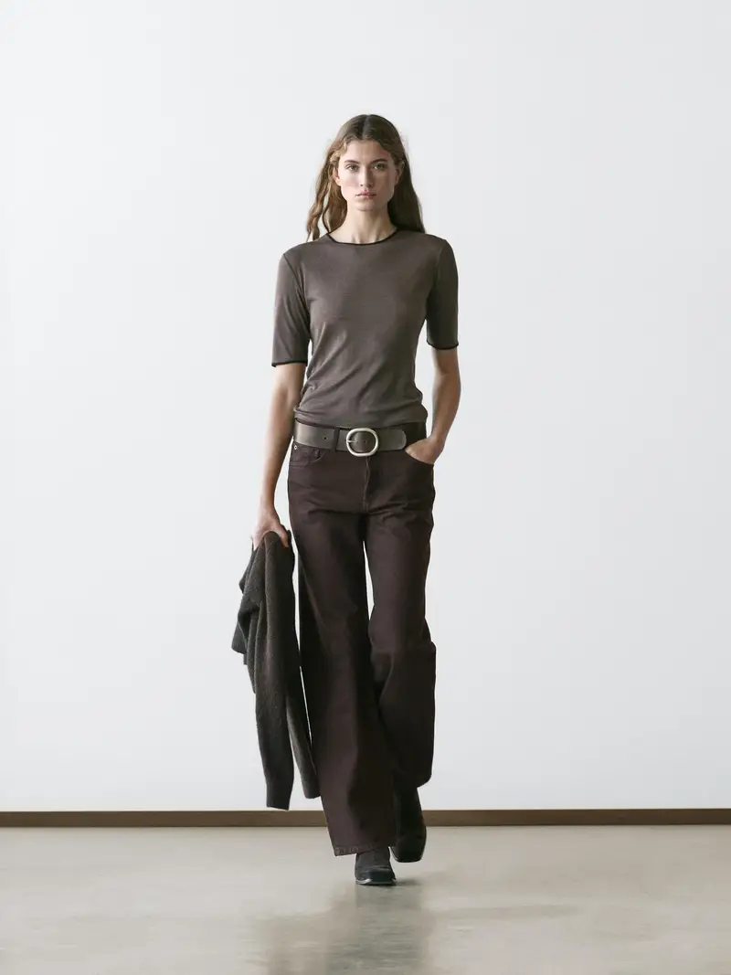 Massimo Dutti Maglietta a Maniche Corte in Misto Lana beige Medio