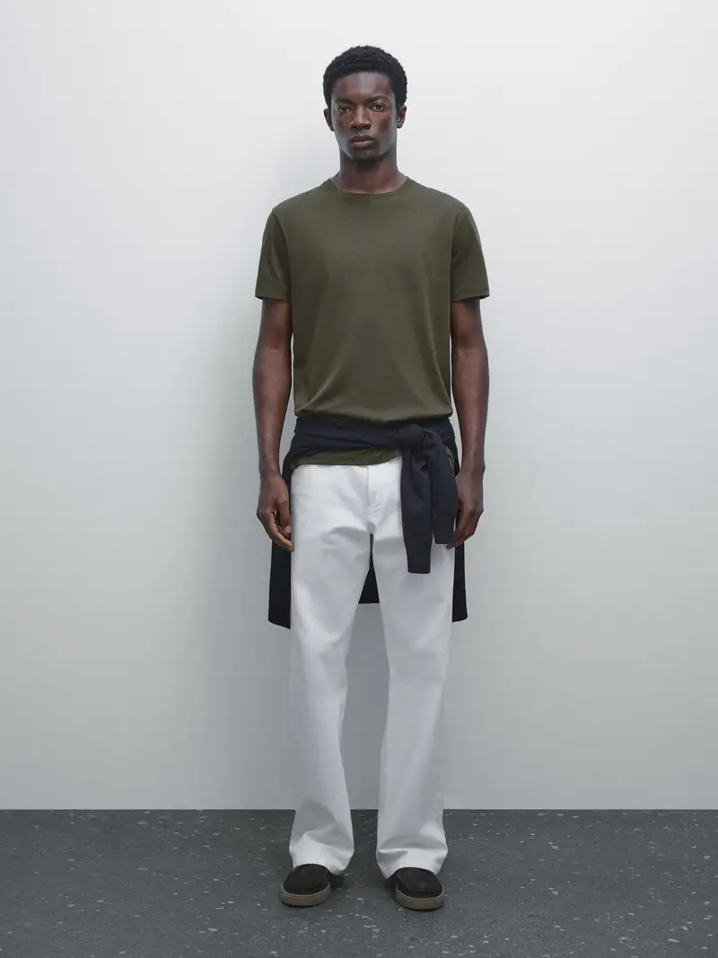 Massimo Dutti Maglietta In 100% Cotone Mercerizzato - Kaki - - - Maschile